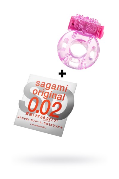 Презервативы Sagami, original 0.02, полиуретан, ультратонкие, гладкие + виброкольцо TOYFA, 1 шт.