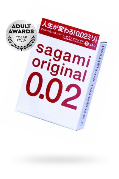 Презервативы Sagami, original 0.02, полиуретан, ультратонкие, гладкие, 19 см, 5,8 см, 3 шт.