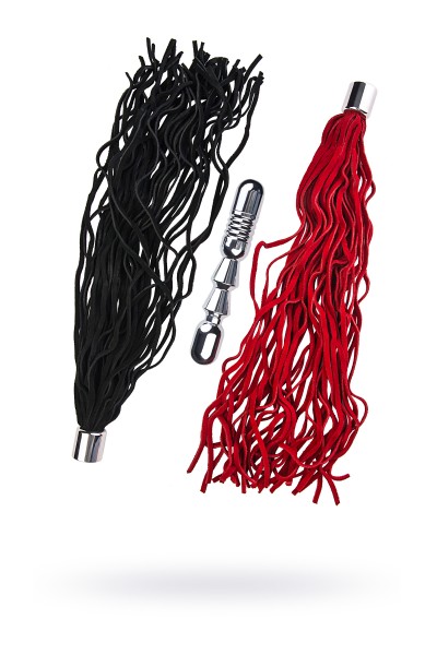 Анальная втулка TOYFA Metal, рельефная, серебряная, с двумя сменными плетками (черная+красная)