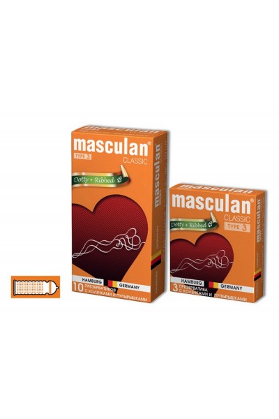 Презервативы Masculan, сlassic, латекс, ребристые, точечные, 19 см, 5,3 см, 3 шт.
