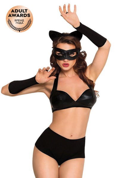 Костюм кошечки SoftLine Collection Catwoman (бюстгальтер, шортики, головной убор, маска и перчатки), чёрный, М