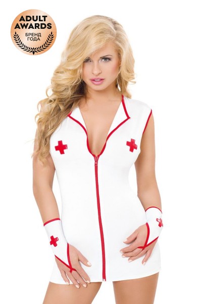 Костюм медсестры SoftLine Collection Sister (платье и перчатки), бело- красный, M/L